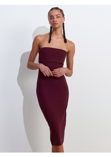 91422 Straplez Elbise-Bordo