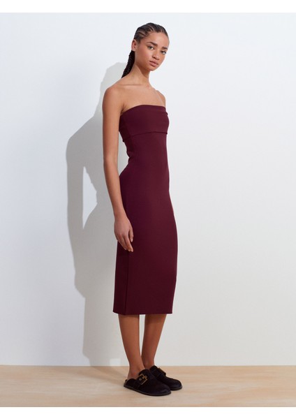 91422 Straplez Elbise-Bordo
