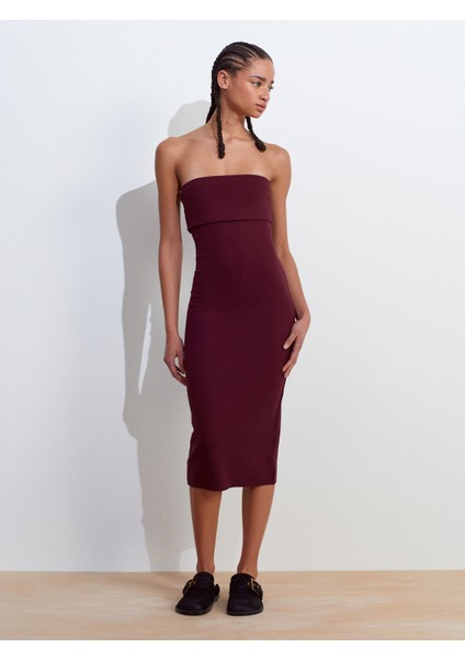 91422 Straplez Elbise-Bordo