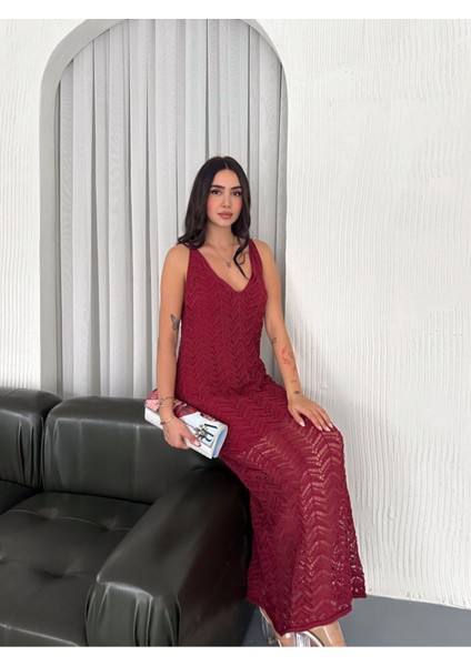 Lux Kalite Ajur Tasarım Astarlı Örme Elbise