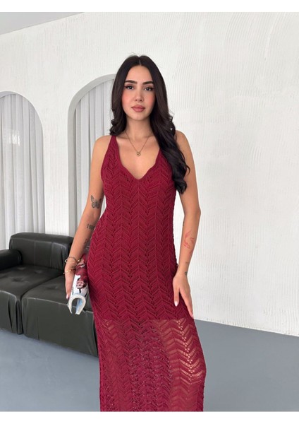 Lux Kalite Ajur Tasarım Astarlı Örme Elbise