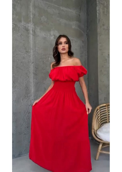 Madonya Yaka Gipeli Kısa Kol Poplin Maksi Standart Beden Elbise