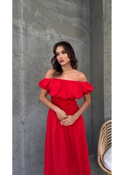 Madonya Yaka Gipeli Kısa Kol Poplin Maksi Standart Beden Elbise fiyatları