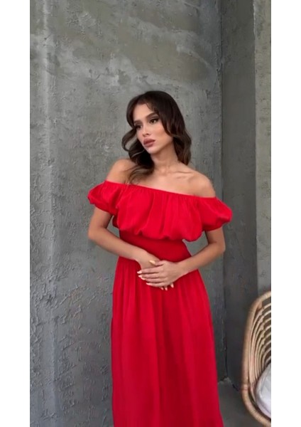 Madonya Yaka Gipeli Kısa Kol Poplin Maksi Standart Beden Elbise indirimleri