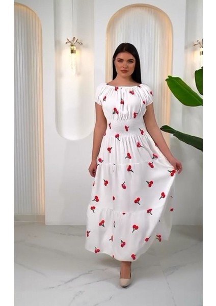 Madonya Yaka Kiraz Desen Gipeli Kısa Kol Sıtandart 38-48 Bedenlere Olur Poplin Kat Elbise