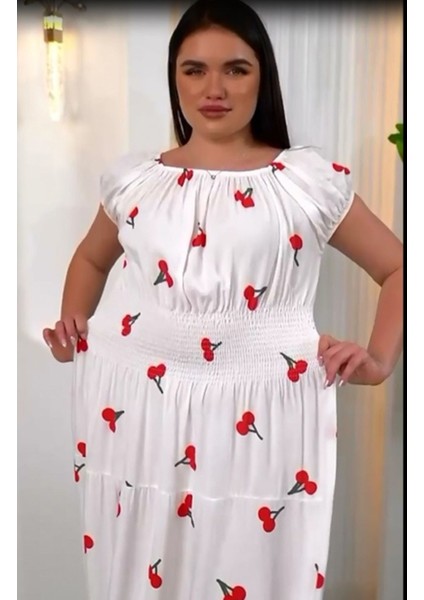 Madonya Yaka Kiraz Desen Gipeli Kısa Kol Sıtandart 38-48 Bedenlere Olur Poplin Kat Elbise modelleri