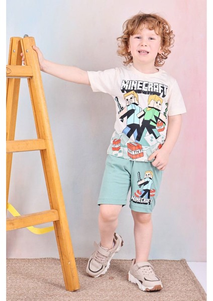 Pjkskt Minec Desenli Yeşil Şortlu Erkek Çocuk Kısa Kol Takım 7525-Y