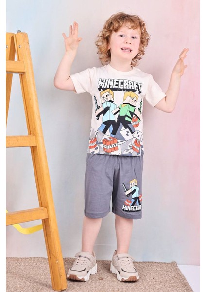 Pjkskt Minec Desenli Füme Şortlu Erkek Çocuk Kısa Kol Takım 7525-F