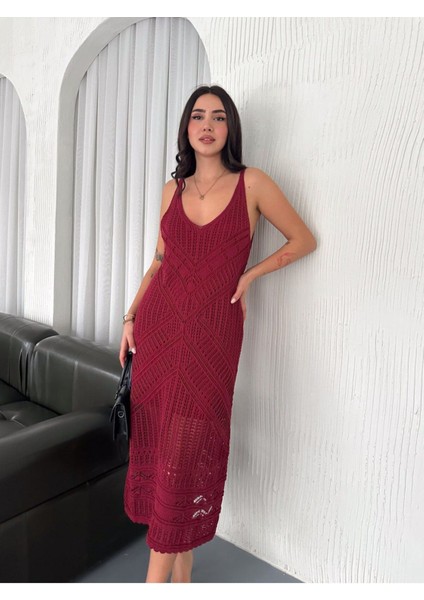 Lux Kalite Ajur Tasarım Astarlı Örme Elbise