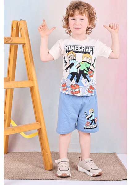 Pjkskt Minec Desenli Mavi Şortlu Erkek Çocuk Kısa Kol Takım 7525-M