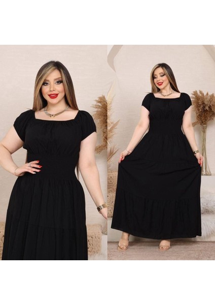 Madonya Yaka Standart Beden Gipeli Poplin Kat Elbise