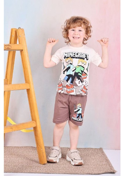 Pjkskt Minec Desenli Kahverengi Şortlu Erkek Çocuk Kısa Kol Takım 7525-K