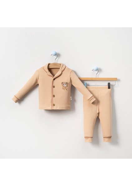 Erkek Bebek Pijama Takımı Kruvaze Yaka Bear Nakışlı Çocuk Pijama Takımı