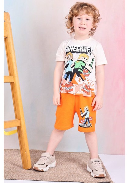 Pjkskt Minec Desenli Turuncu Şortlu Erkek Çocuk Kısa Kol Takım 7525-T