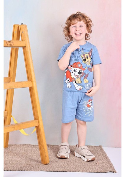 Pjkskt Paw Petrol Desenli Mavi Şortlu Erkek Çocuk Kısa Kol Takım 7581-M