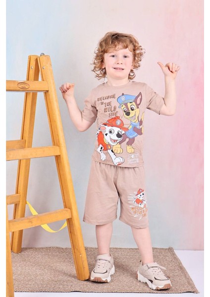 Pjkskt Paw Petrol Desenli Bej Şortlu Erkek Çocuk Kısa Kol Takım 7581-B