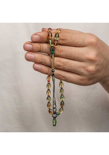 Gümüş 1000 Ayar Kazaz Püsküllü Sıkma Kehribar Tesbih