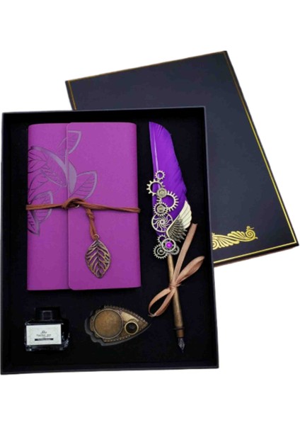 Özel Üretim Osmanlı Nostaljik Divit Hokka Seti ve Deri Kapaklı Vintage Eskitme Sayfa Çizgisiz, Spiralli, Bağcıklı, Yaprak Desenli, Günlük, Anı, Hatıra Defteri Hediyelik Kutulu Set