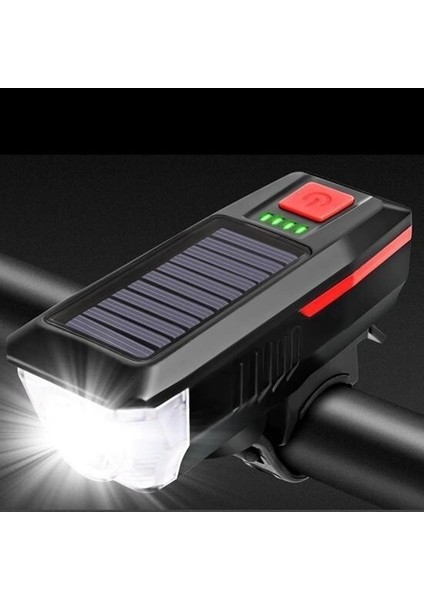 Buffer® Solar Enerjili USB ile Şarj Edilebilir Ledli Bisiklet Feneri Kornalı ve Su Geçirmez Far