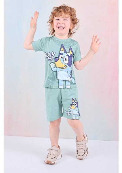 Pjkskt Bluey Desenli Yeşil Şortlu Erkek Çocuk Kısa Kol Takım 7583-Y