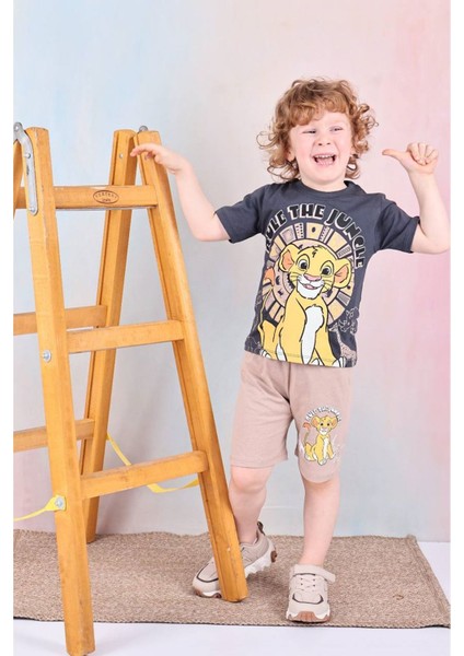 Pjkskt Lion King Desenli Bej Şortlu Erkek Çocuk Kısa Kol Takım 7582-B