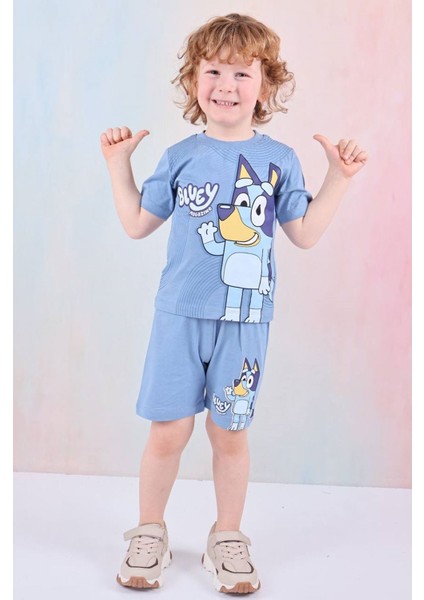 Pjkskt Bluey Desenli Mavi Şortlu Erkek Çocuk Kısa Kol Takım 7583-M