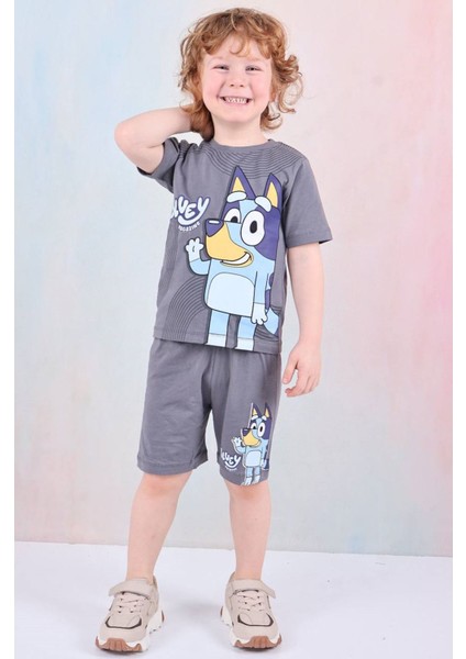 Pjkskt Bluey Desenli Füme Şortlu Erkek Çocuk Kısa Kol Takım 7583-F