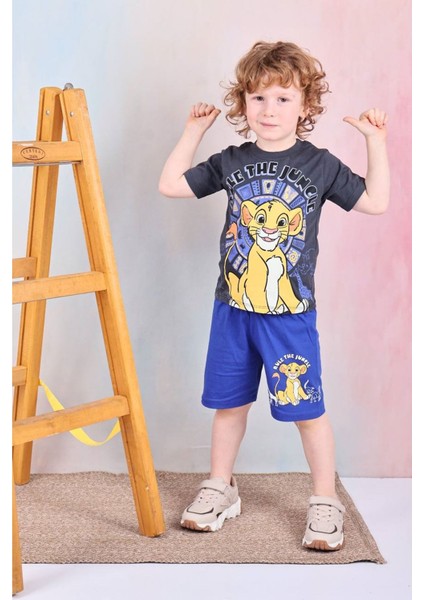 Pjkskt Lion King Desenli Saks Mavisi Şortlu Erkek Çocuk Kısa Kol Takım 7582-S