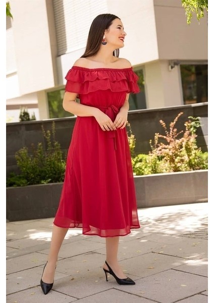 Kadın Şifon Kumaş Astarlı Madonna Fırfır Yaka Elbise