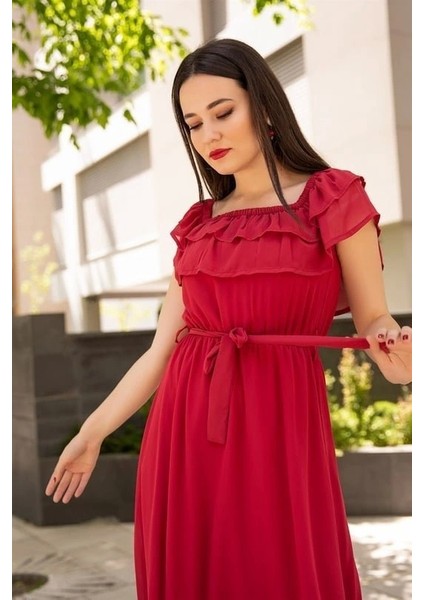 Kadın Şifon Kumaş Astarlı Madonna Fırfır Yaka Elbise fiyatları