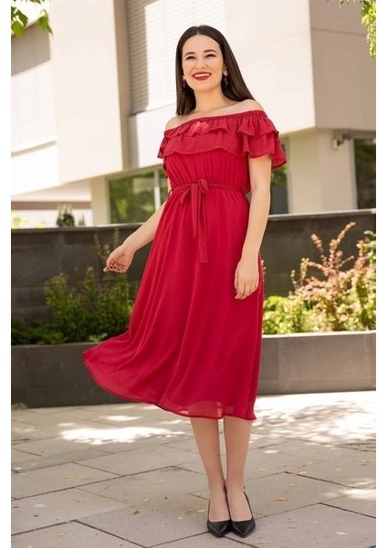 Kadın Şifon Kumaş Astarlı Madonna Fırfır Yaka Elbise modelleri