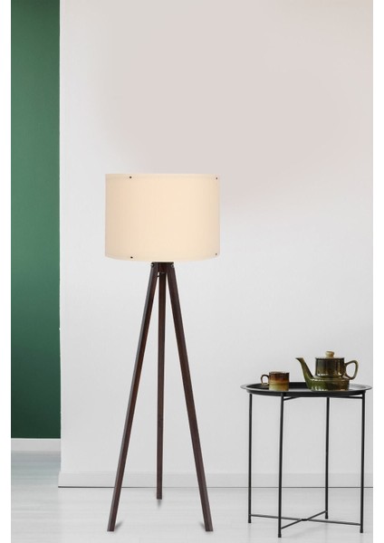 Tripod Mdf Ayaklı Lüx Lambader - Yuvarlak Başlık Krem - Kahve Ayak