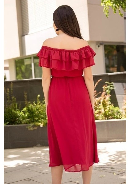 Kadın Şifon Kumaş Astarlı Madonna Fırfır Yaka Elbise fırsatları