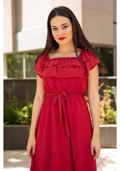 Kadın Şifon Kumaş Astarlı Madonna Fırfır Yaka Elbise indirimleri