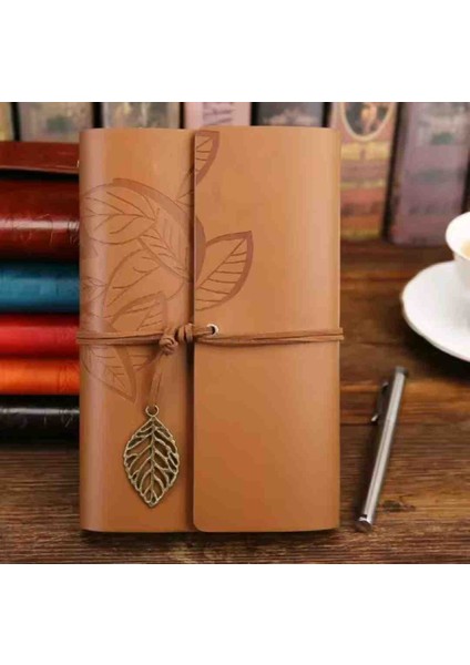 Deri Kapaklı Bağcıklı Defter – Retro Vintage Tarz, Eskitme Sayfalar, Yaprak Desenli, Çizgisiz Spiralli Günlük, Hatıra, Not, Anı Ajanda Defteri Zarif Hediyelik