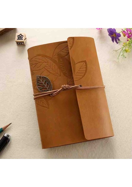 Deri Kapaklı Bağcıklı Defter – Retro Vintage Tarz, Eskitme Sayfalar, Yaprak Desenli, Çizgisiz Spiralli Günlük, Hatıra, Not, Anı Ajanda Defteri Zarif Hediyelik modelleri