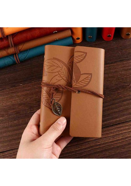Deri Kapaklı Bağcıklı Defter – Retro Vintage Tarz, Eskitme Sayfalar, Yaprak Desenli, Çizgisiz Spiralli Günlük, Hatıra, Not, Anı Ajanda Defteri Zarif Hediyelik fırsatları