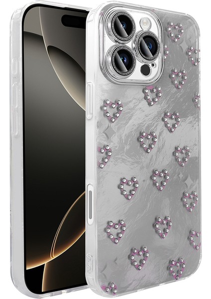 Iphone 14 Pro Max Uyumlu Kılıf Kamera Korumalı Kalp Desenli Parıltılı Parçacıklı Slikon Kapak