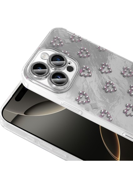 Iphone 14 Pro Max Uyumlu Kılıf Kamera Korumalı Kalp Desenli Parıltılı Parçacıklı Slikon Kapak