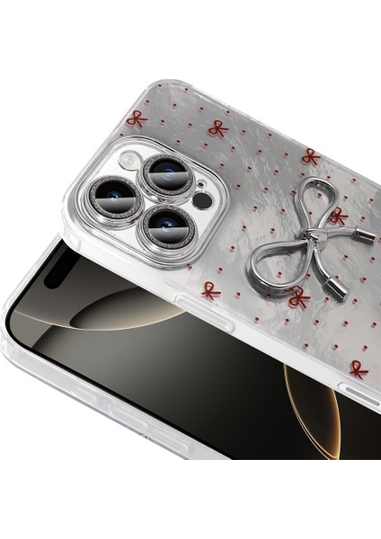 Iphone 15 Pro Max Uyumlu Kılıf Kamera Korumalı Kurdele Desenli Parıltılı Parçacıklı Slikon Kapak