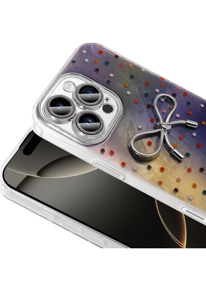 Iphone 14 Pro Max Uyumlu Kılıf Kamera Korumalı Kurdele Desenli Parıltılı Parçacıklı Slikon Kapak