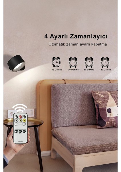 Duvar Aplik Aydınlatma - 360° Dönebilen Şarjlı - 3 Işık Modlu - Kumandalı Taşınabilir Aplik Lamba