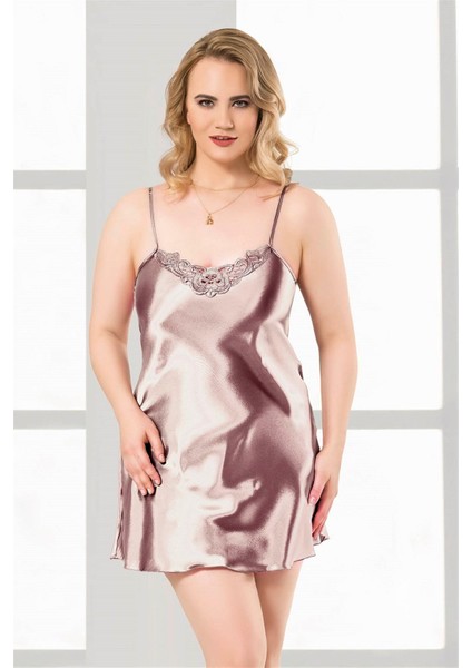 Arias Closet Büyük Beden Vizon Kısa Saten Gecelik OZN-12405