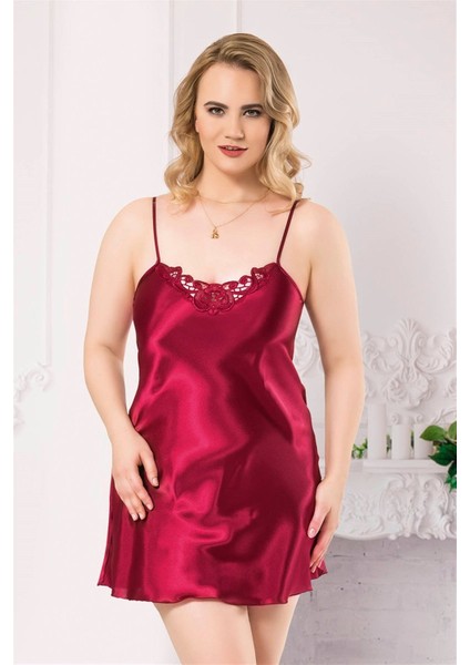 Arias Closet Büyük Beden Bordo Kısa Saten Gecelik OZN-12401