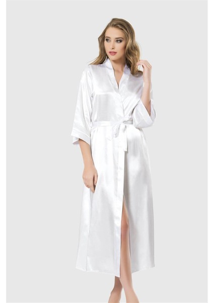 Arias Closet Beyaz Uzun Saten Sabahlık OZN-12546