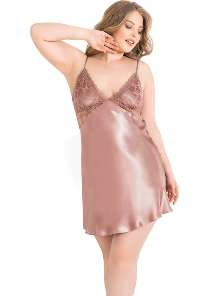 Arias Closet Büyük Beden Vizon Kısa Saten Gecelik OZN-13969