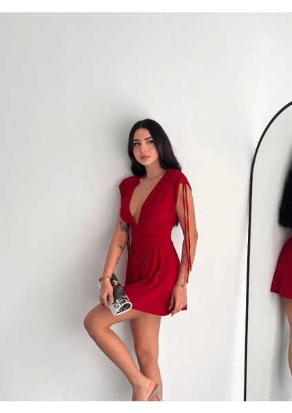 Omuzu Ip Askılı Şortlu Elbise - Kırmızı
