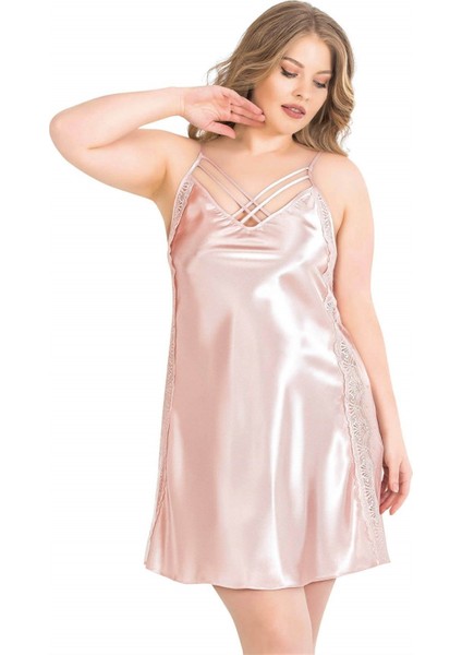 Arias Closet Büyük Beden Pudra Kısa Saten Gecelik OZN-13975