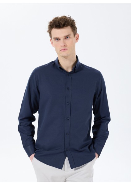 Basic Düğmeli Yaka Düz Lacivert Erkek Gömlek Maydos 503
