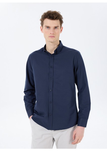 Basic Düğmeli Yaka Düz Lacivert Erkek Gömlek Maydos 503 modelleri